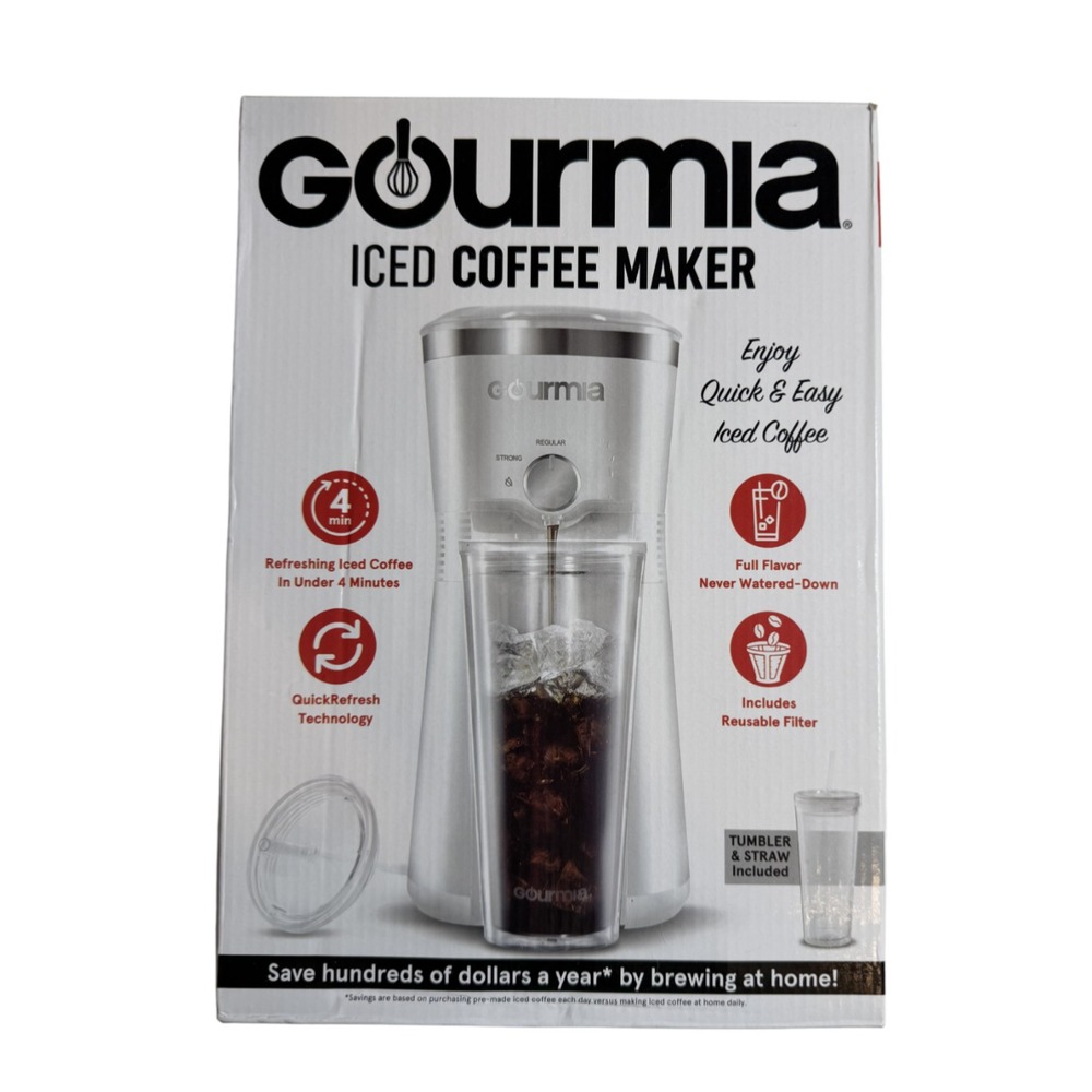 Gourmia GCM3210BLU Iced Coffee Maker with 25 fl oz. Reusable Tumbler, Blue
